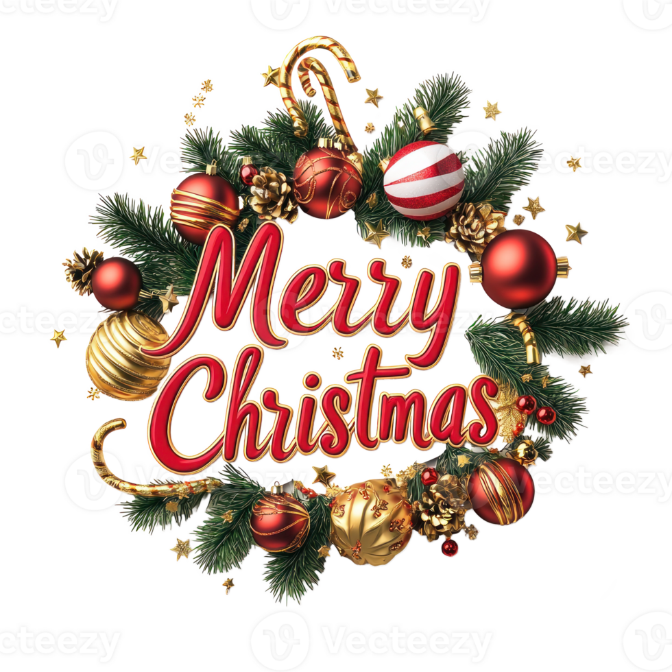 Merry Christmas lettering 3D red and gold with christmas decoration items isolate on transparent background png