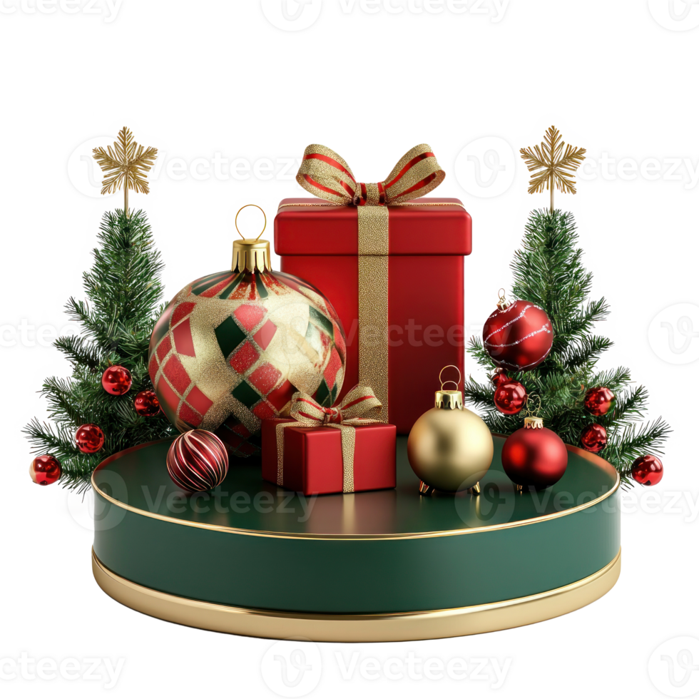 Green red and gold Christmas podium decoration items and presents isolate on transparent background png