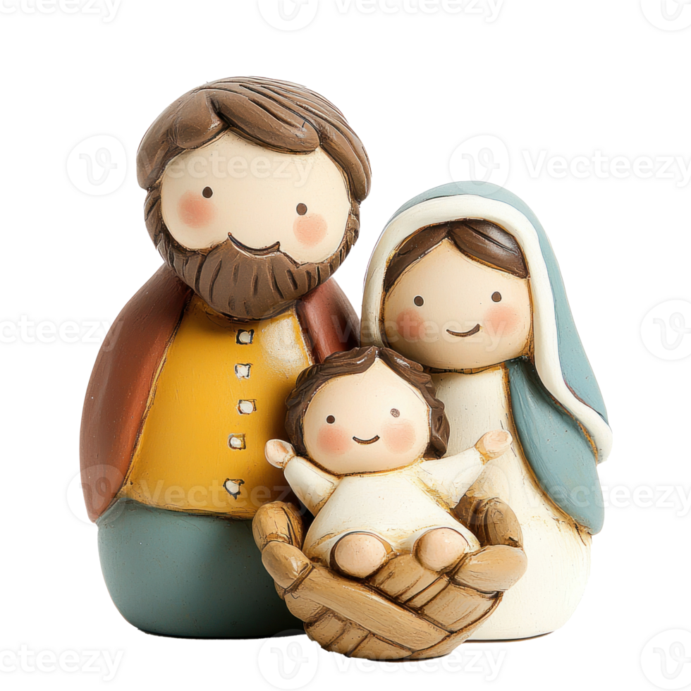 Christmas figurines of Joseph, Mary, and the baby Christ child in a manger front view isolate on transparent background png