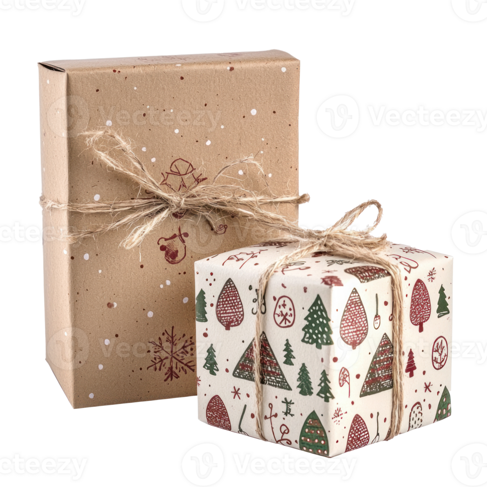 Homemade Christmas gift box wrap isolate on transparent background png