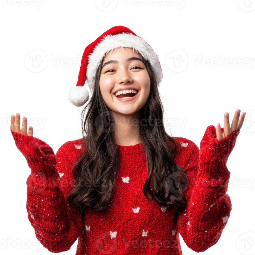 Happy young woman celebrate Christmas front view isolate on transparent background png