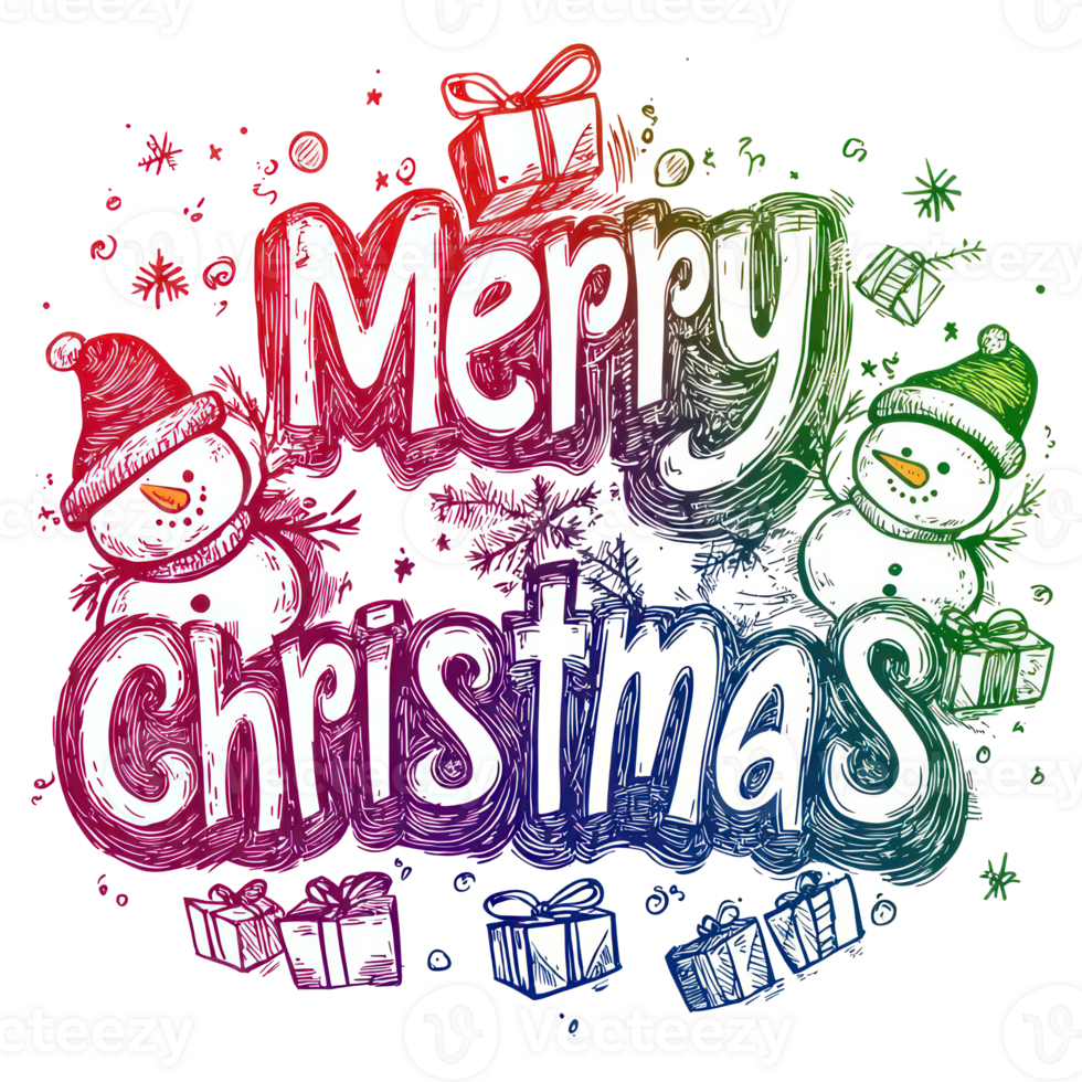 Playful Handwritten Style Merry Christmas in a playful, handwritten font, colored in a gradient from red to green, with doodles of snowmen and gifts surrounding it. isolate on transparent background png