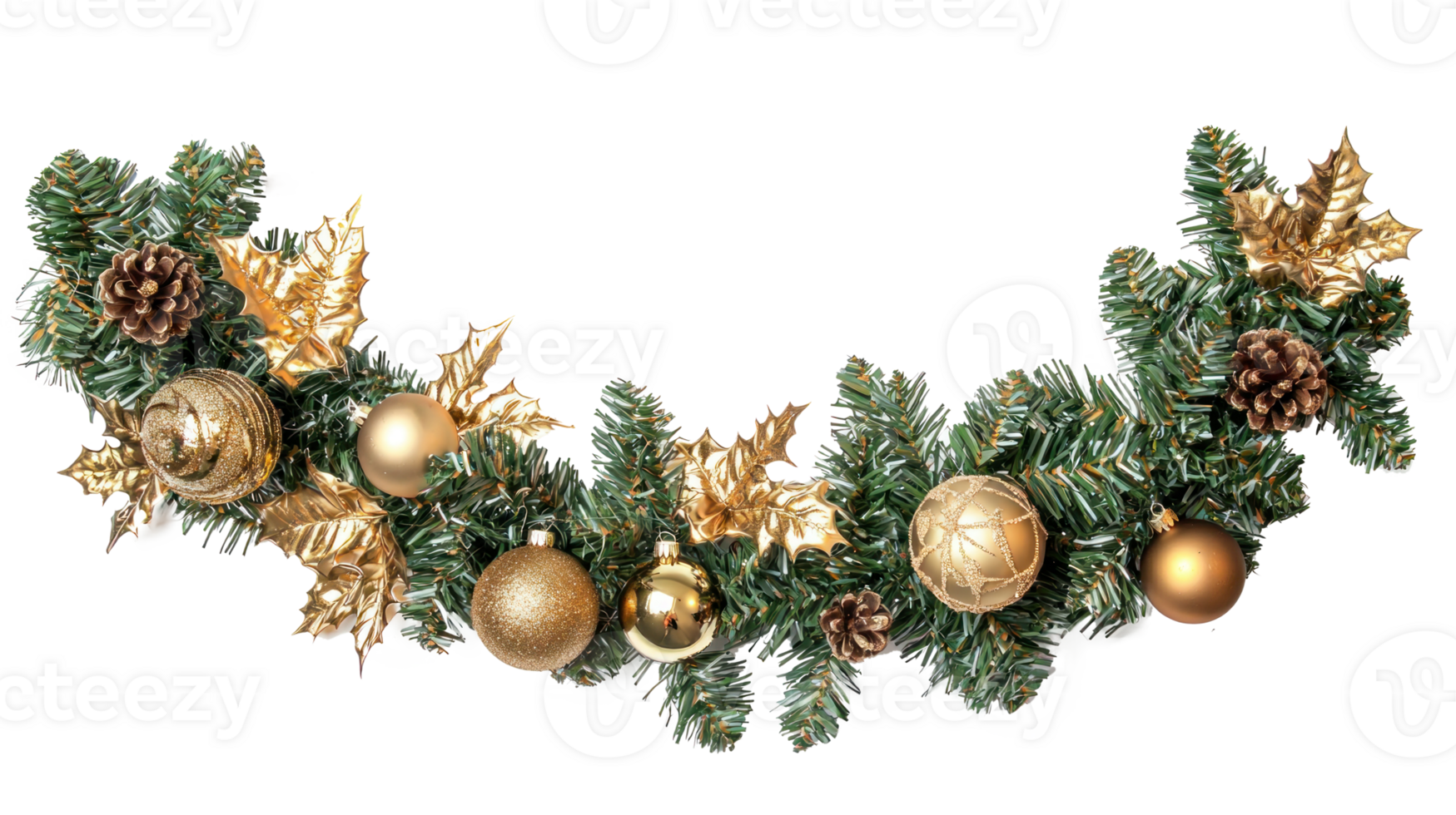 Christmas Garland with gold decoration isolate on transparent background png