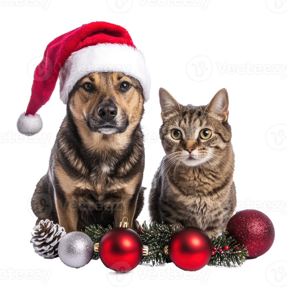 Funny dog and cat wearing a santa hat with christmas decoration items front view full length isolate on transparent background png