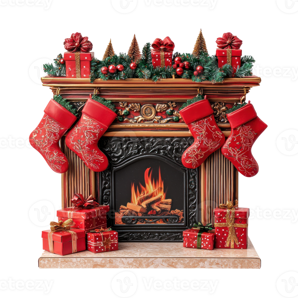 Christmas fireplace with red stockings gifts and decorations front view isolate on transparent background png