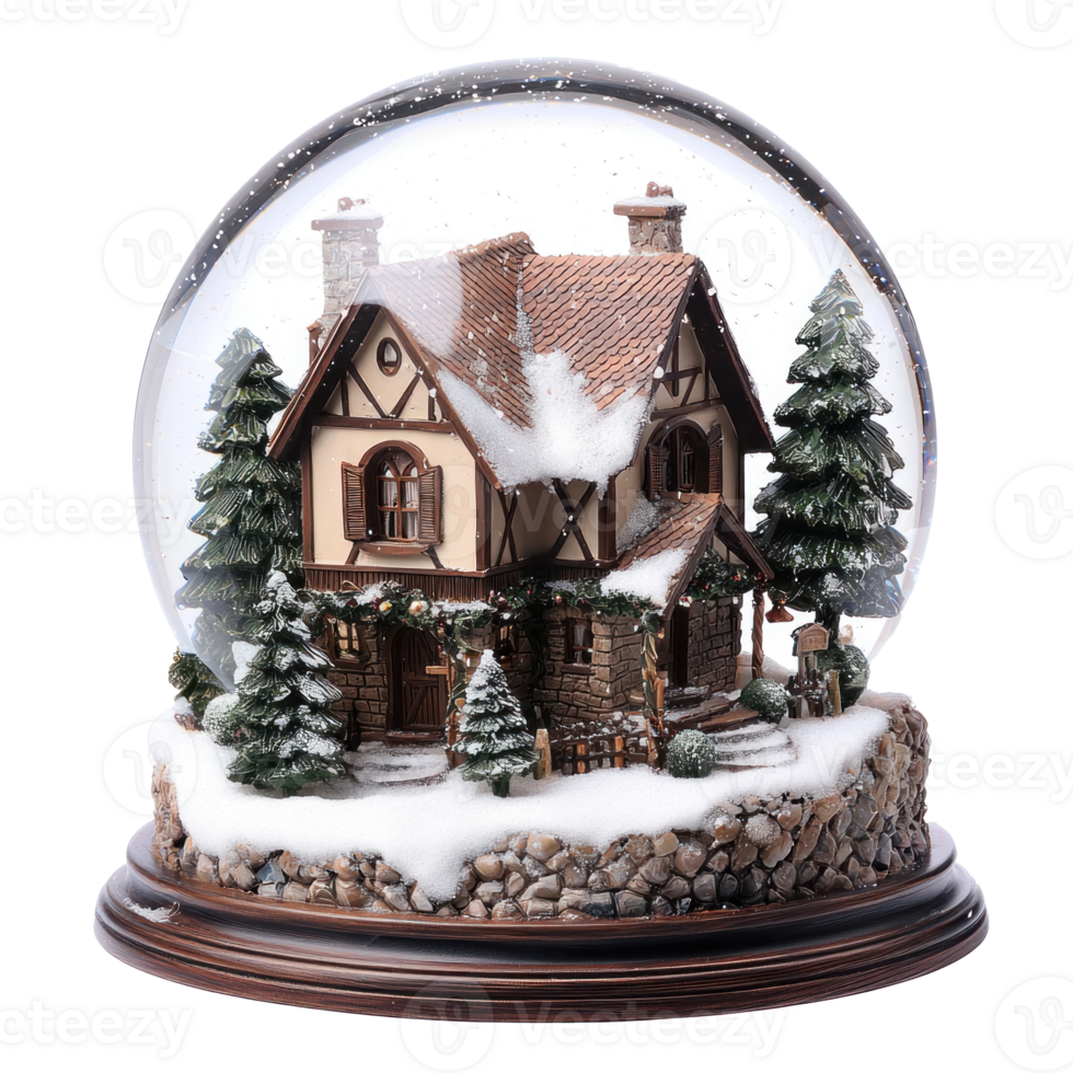 Winter House inside snow globe front view isolate on transparent background png