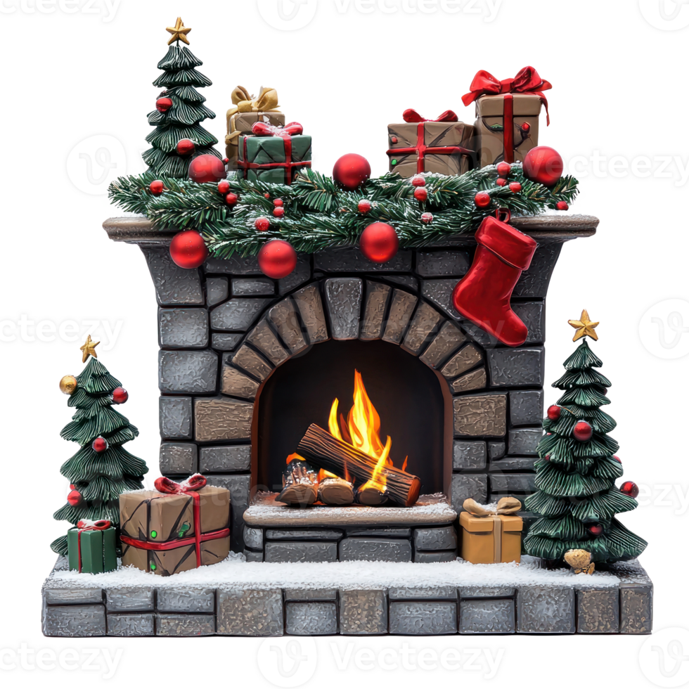 Christmas Fireplace with decorations isolate on transparent background png