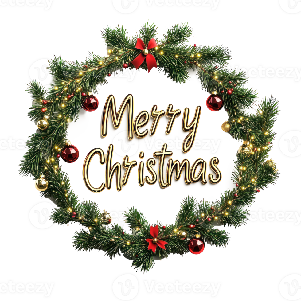 BOLD text Merry Christmas in Christmas style 3D rendering, shape of christmas fir branches decorated with garland and baubles isolate on transparent background png