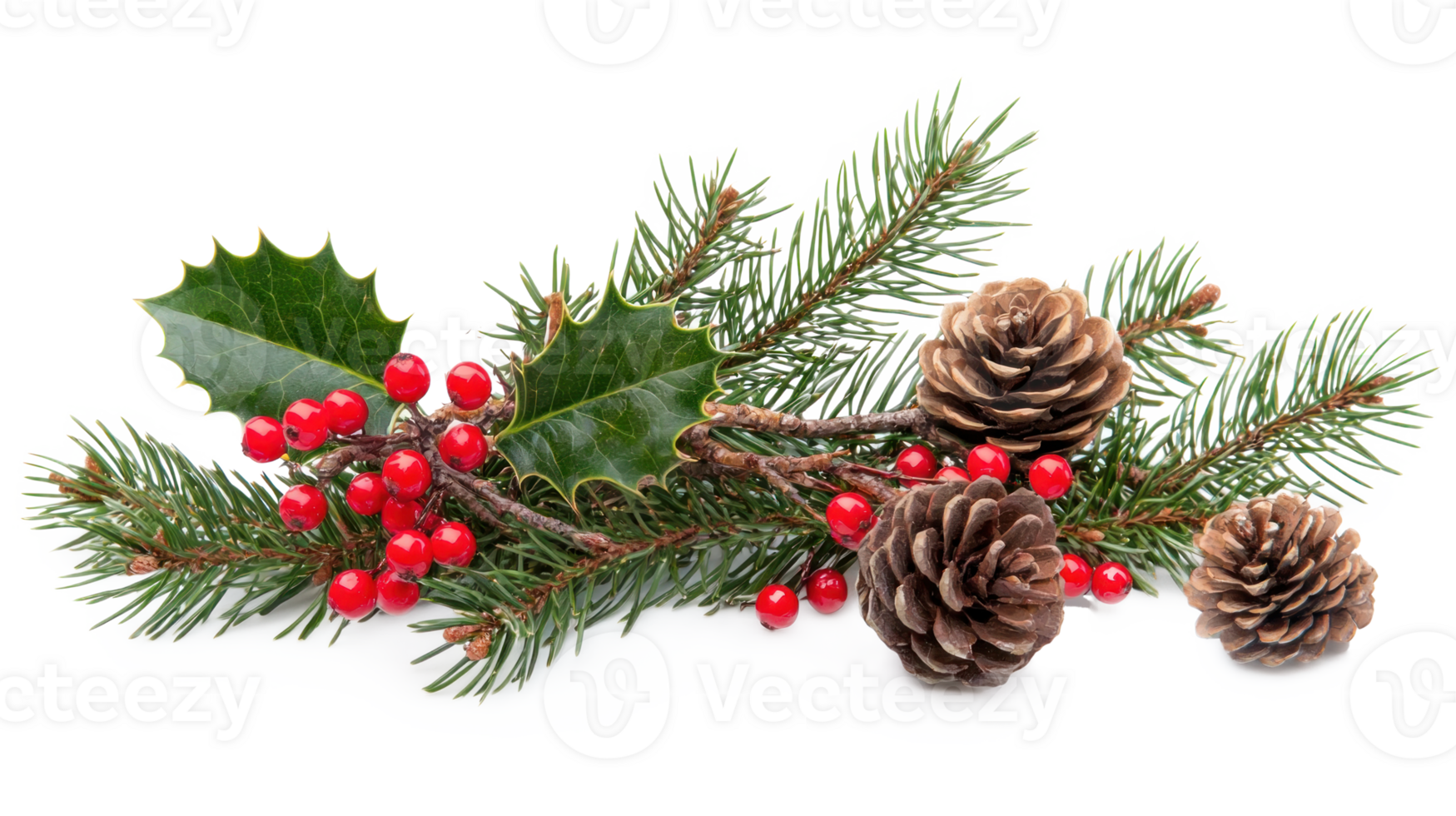 Christmas composition of pine branches with red berries, holly and pine cones isolate on transparent background png