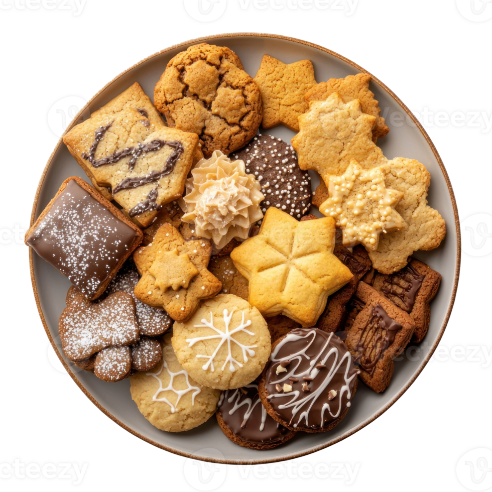 Christmas delicious cookies plate top view isolate on transparent background png