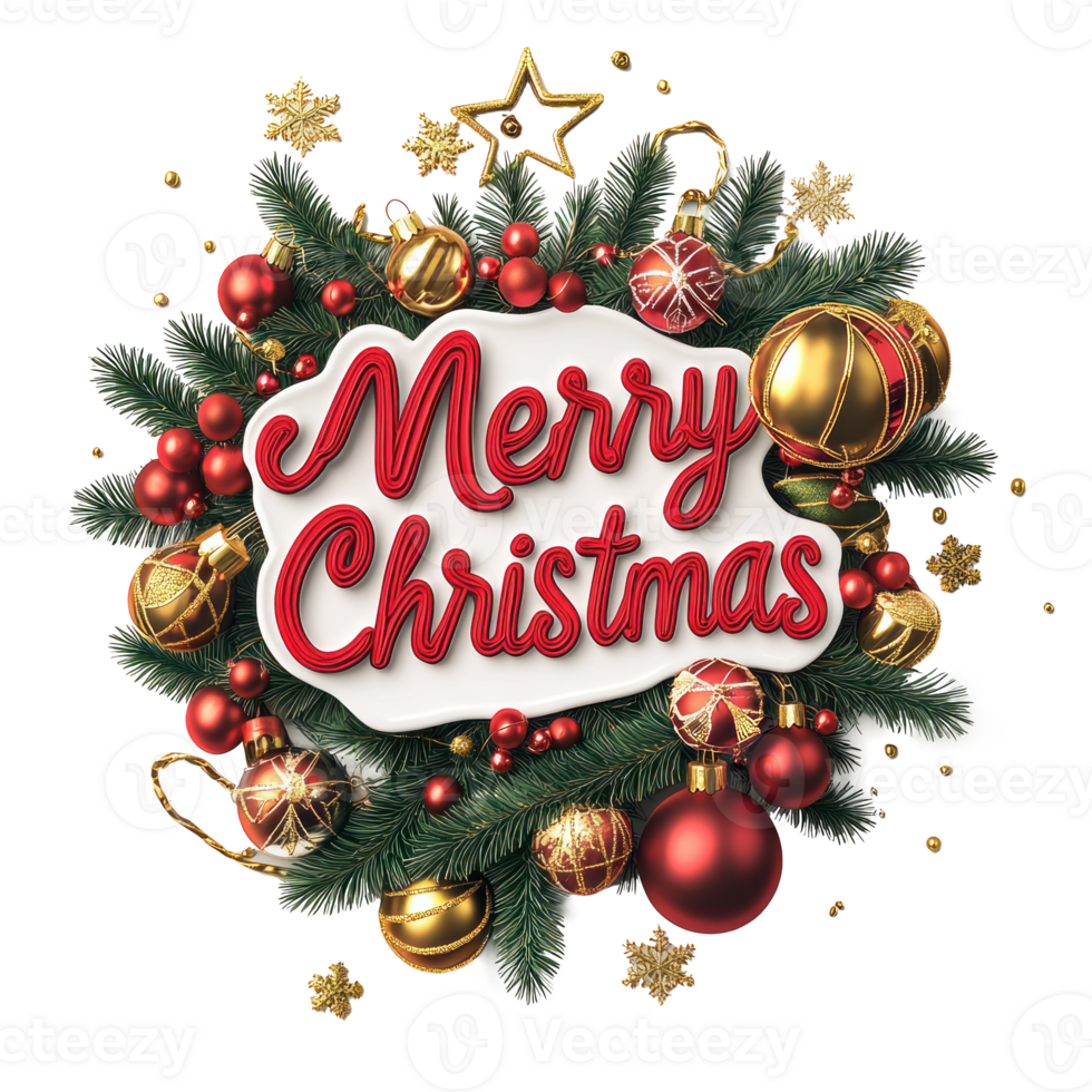 Merry Christmas lettering 3D red and gold with christmas decoration items isolate on transparent background png