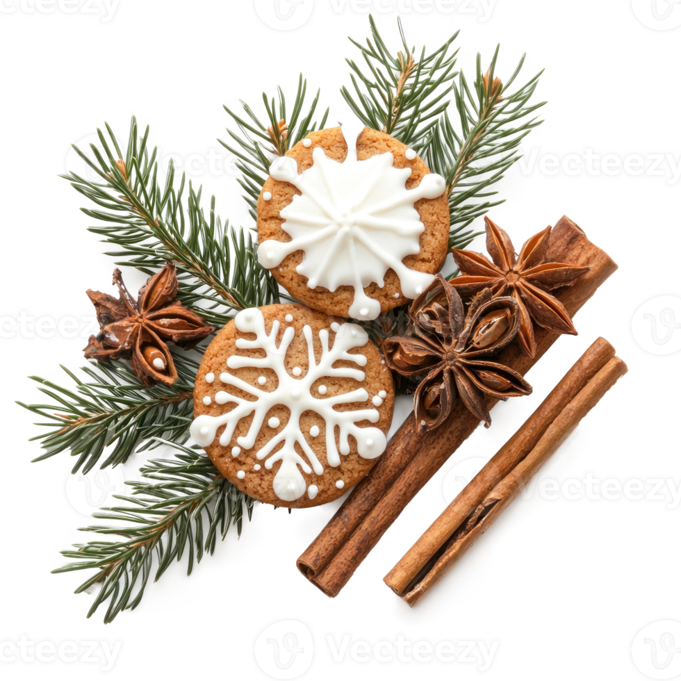 Christmas pine with frosted sugar cookies and cinnamon and fir branch isolate on transparent background png