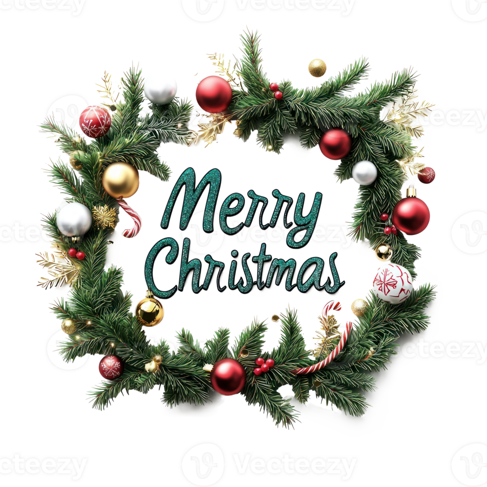 BOLD text Merry Christmas in Christmas style 3D rendering, shape of christmas fir branches decorated with garland and baubles isolate on transparent background png