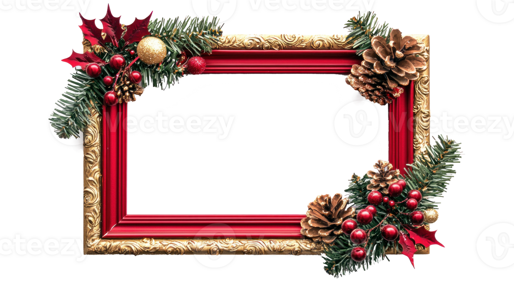 Christmas gold and red photo frame with christmas decoration isolate on transparent background png