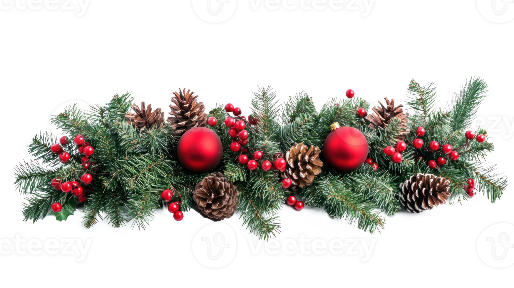 Christmas border frame green fir with pine tree, red balls and berries, cones and candies isolate on transparent background png