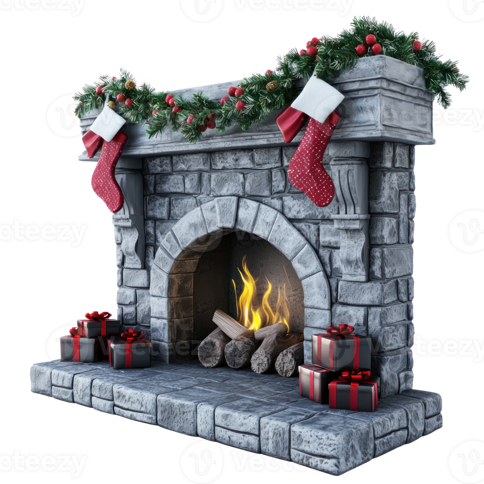 Christmas Fireplace with decorations isolate on transparent background png