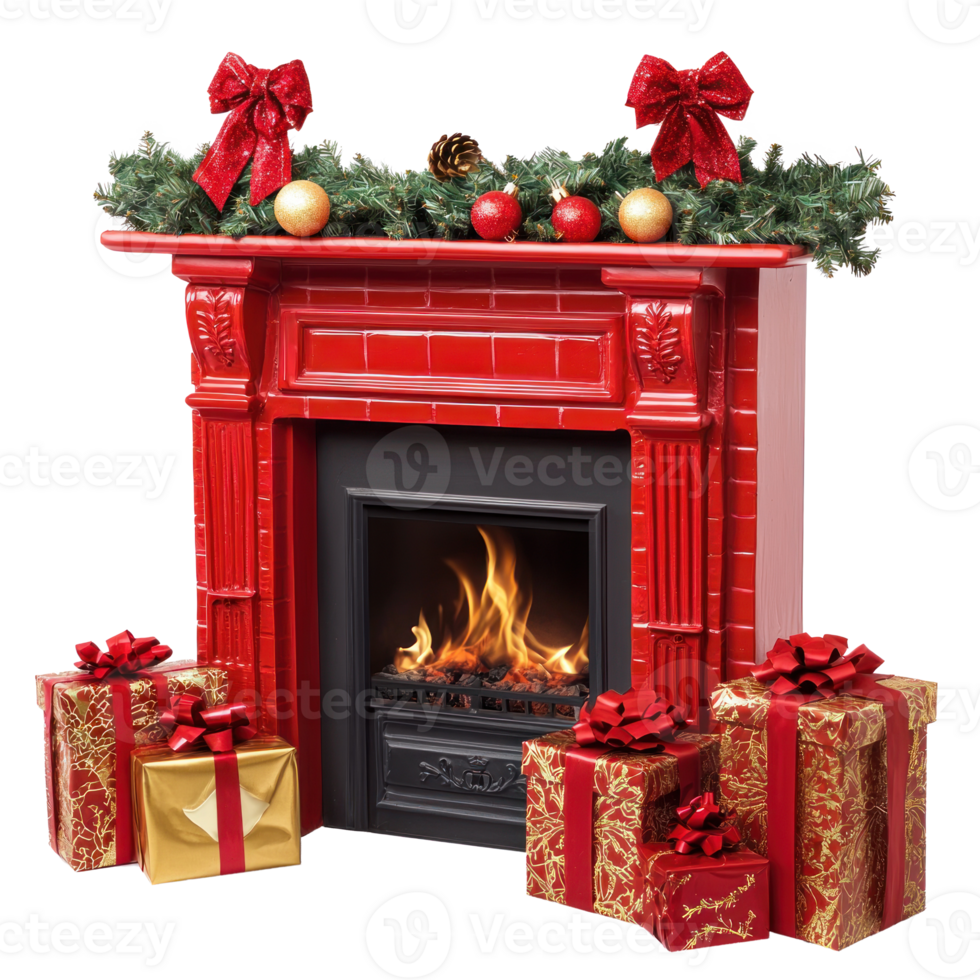Christmas Fireplace with red and gold gifts decoration items isolate on transparent background png