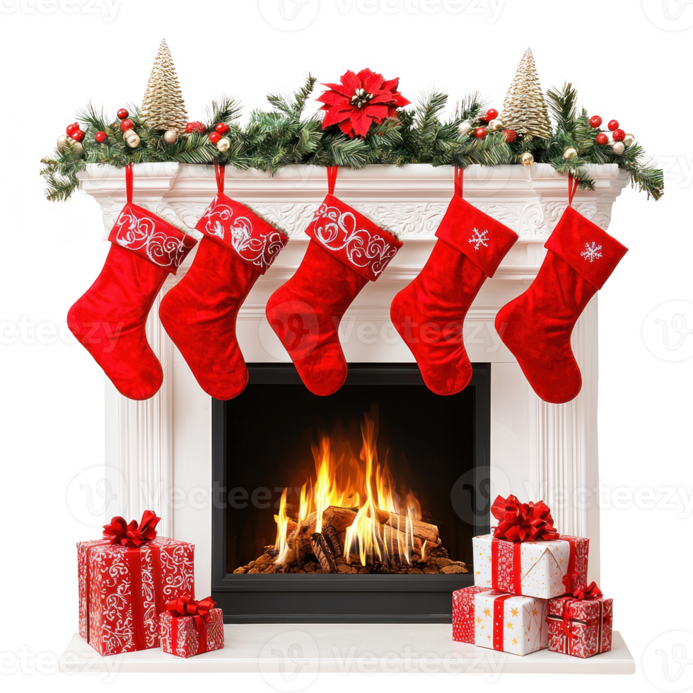 Christmas fireplace with red stockings gifts and decorations front view isolate on transparent background png