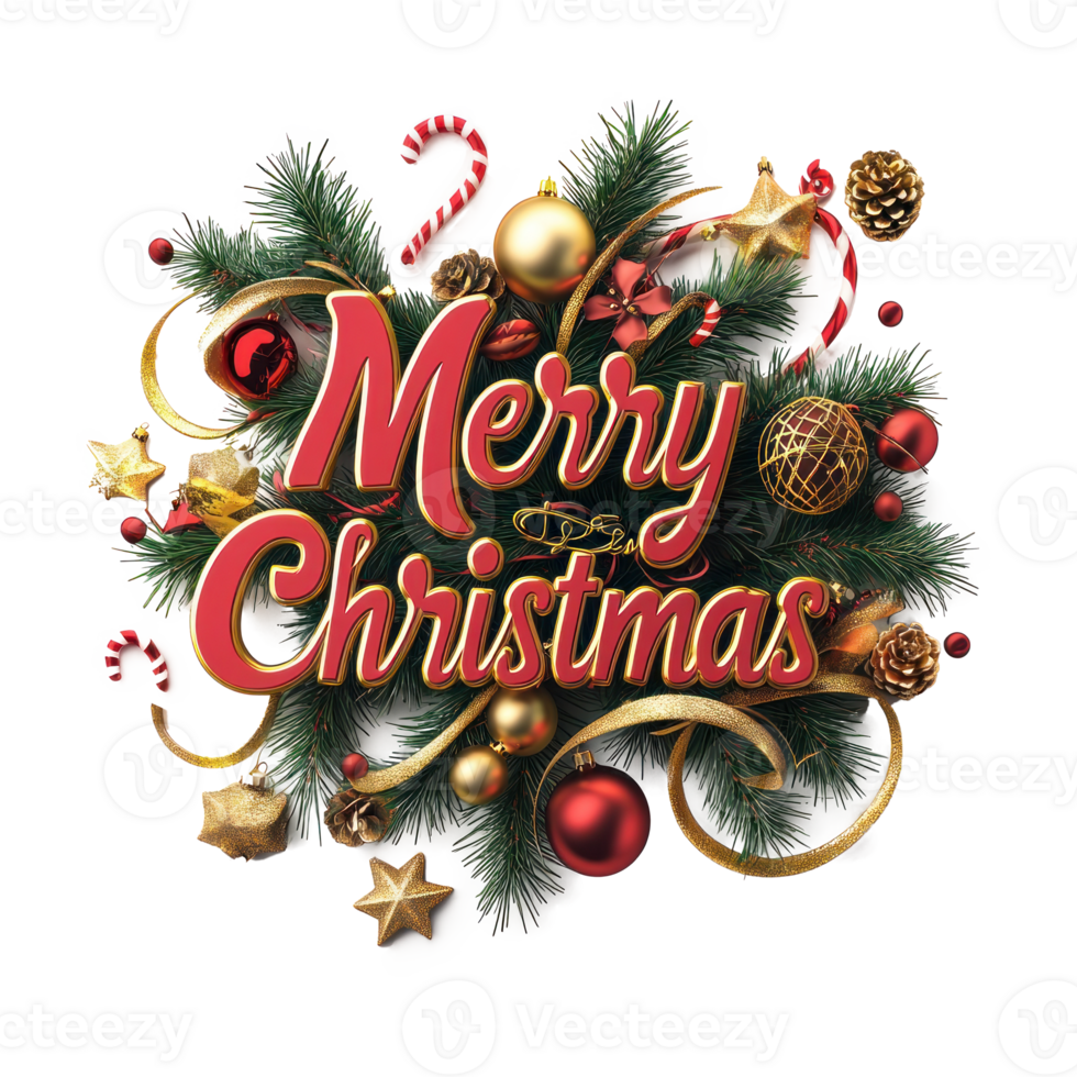 Merry Christmas lettering 3D red and gold with christmas decoration items isolate on transparent background png