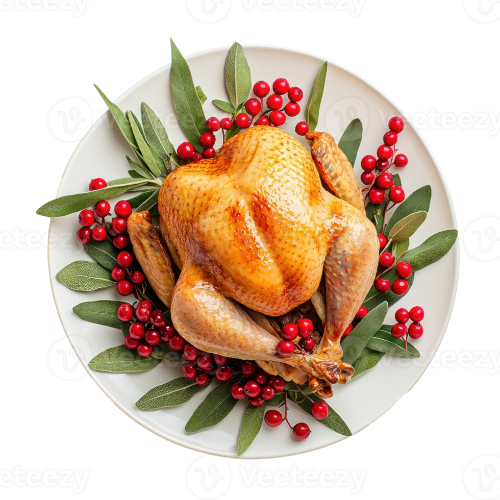 Christmas turkey garnished with red berries and sage leaves top view isolate on transparent background png