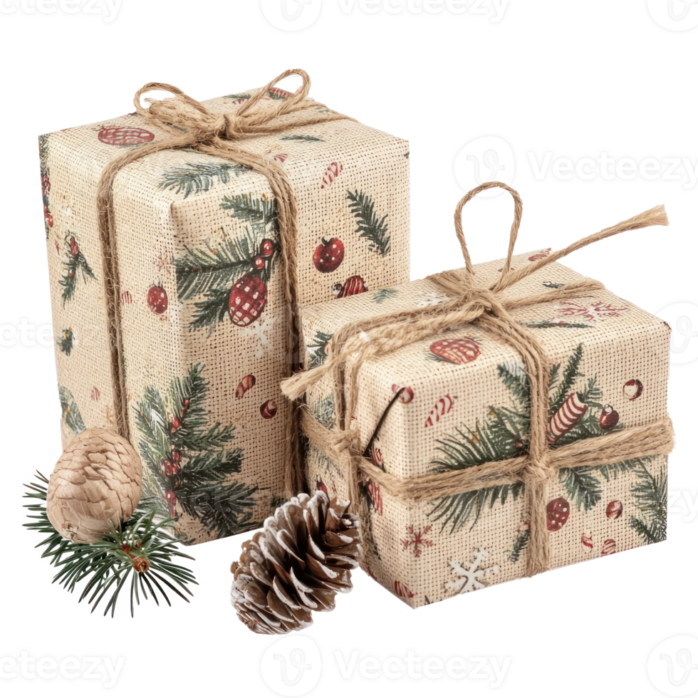 Homemade Christmas gift box wrap isolate on transparent background png