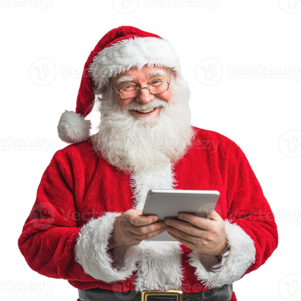 Smiling Santa Claus using digital tablet, standing isolate on transparent background png