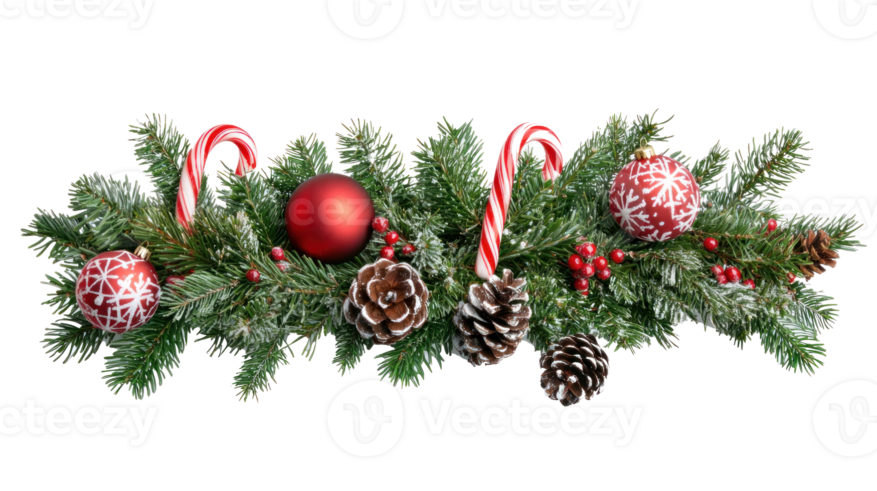 Christmas border bunch of pine branches, candy canes and christmas ornaments isolate on transparent background png