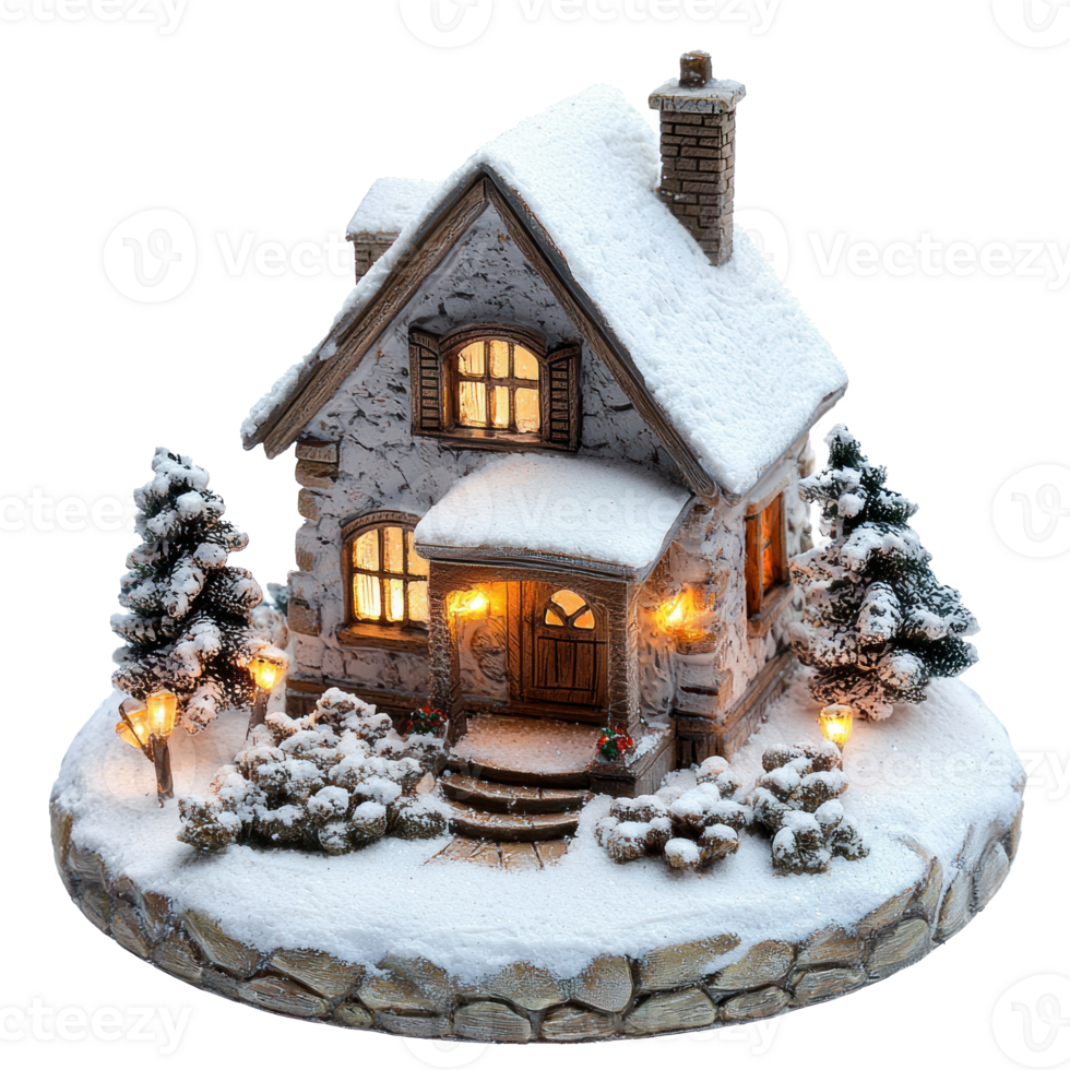 Mini house model decoration with lights and snow isolate on transparent background png