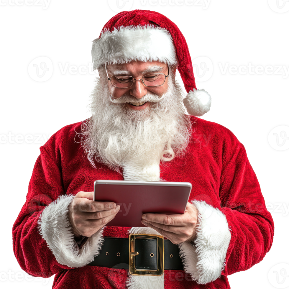 Smiling Santa Claus using digital tablet, standing isolate on transparent background png