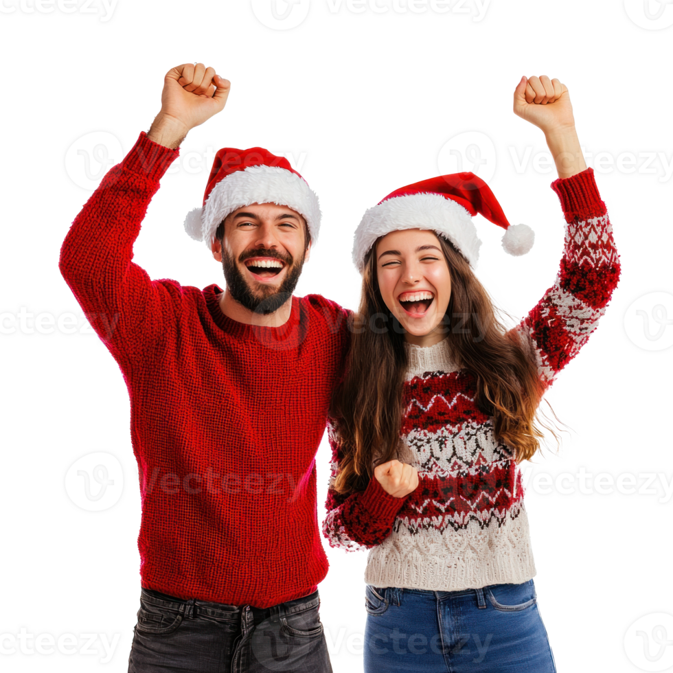 Happy young couple celebrate Christmas front view isolate on transparent background png