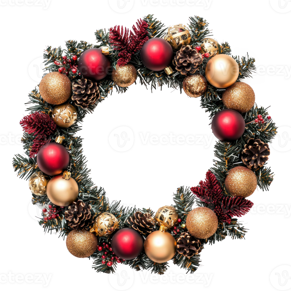 Decorative festive wreath with red and golden christmas ornaments isolate on transparent background png