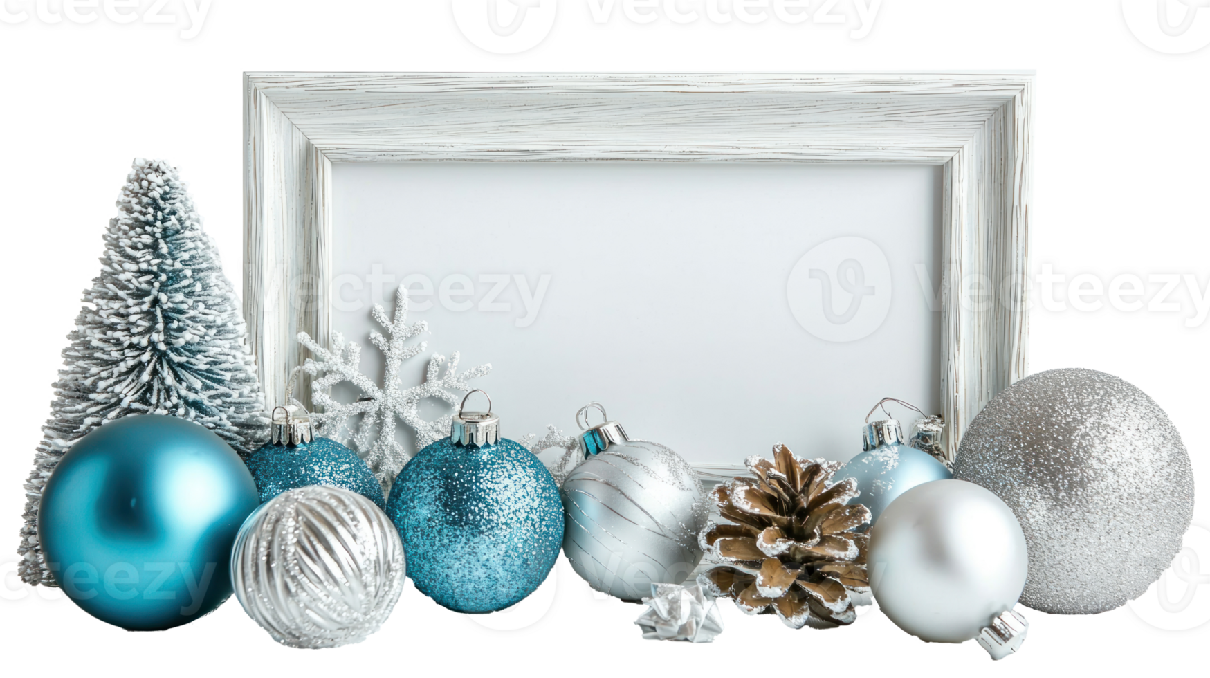 Christmas composition white wood photo frame, with decorations items white silver and light blue isolate on transparent background png