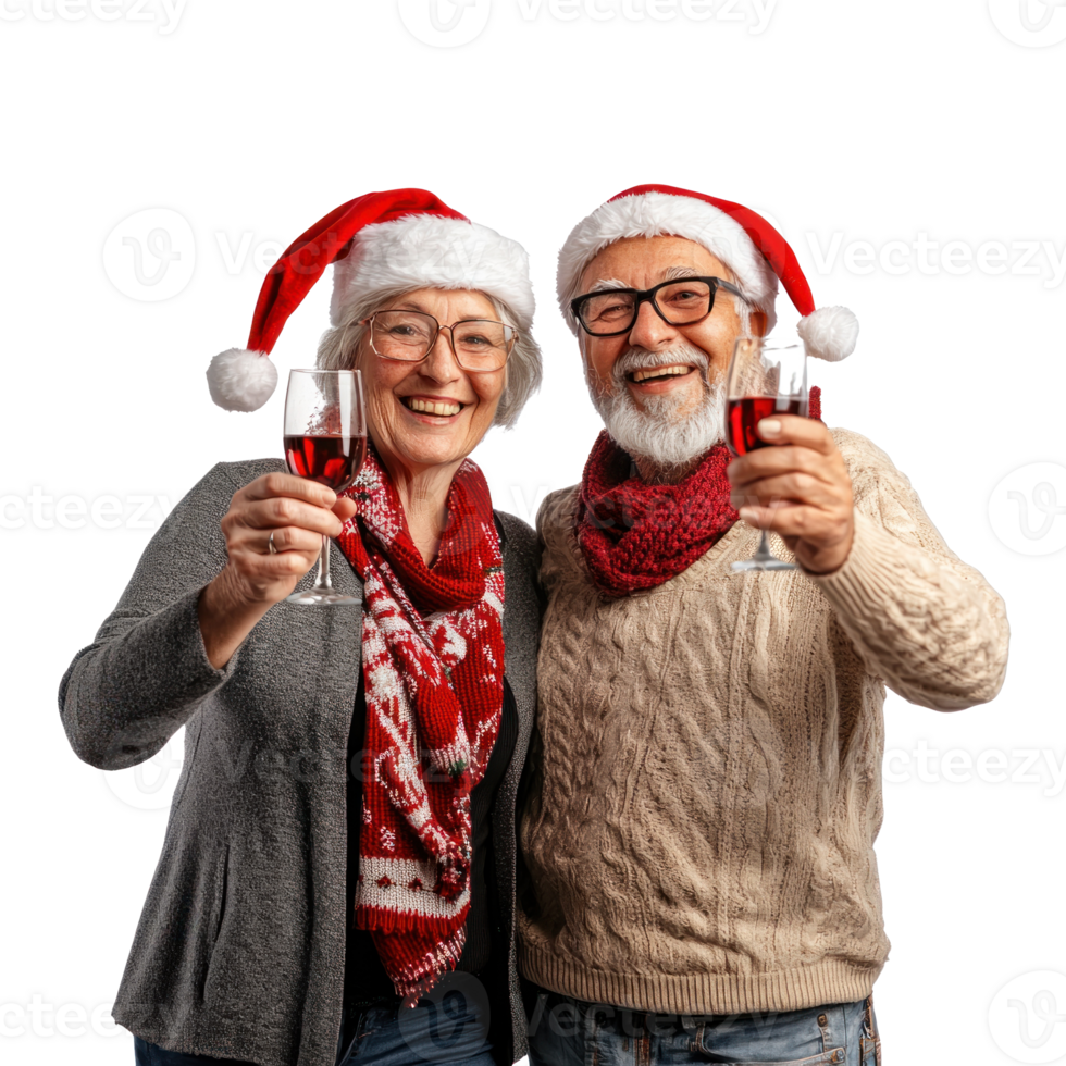 Happy Senior couple celebrate Christmas front view isolate on transparent background png