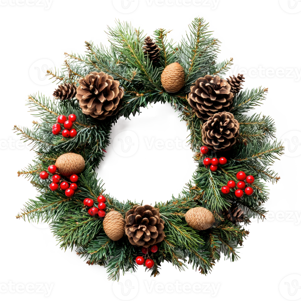 Christmas wreath with pine cones, red berries and acorns isolate on transparent background png