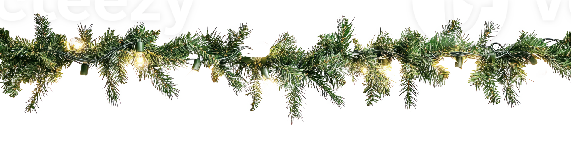 garland with pine branches and lights hanging isolate on transparent background png