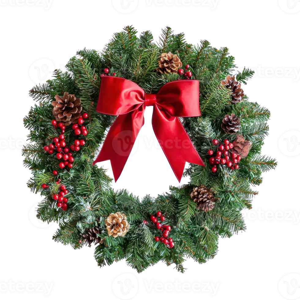 Christmas wreath with Red bow and berries front view isolate on transparent background png