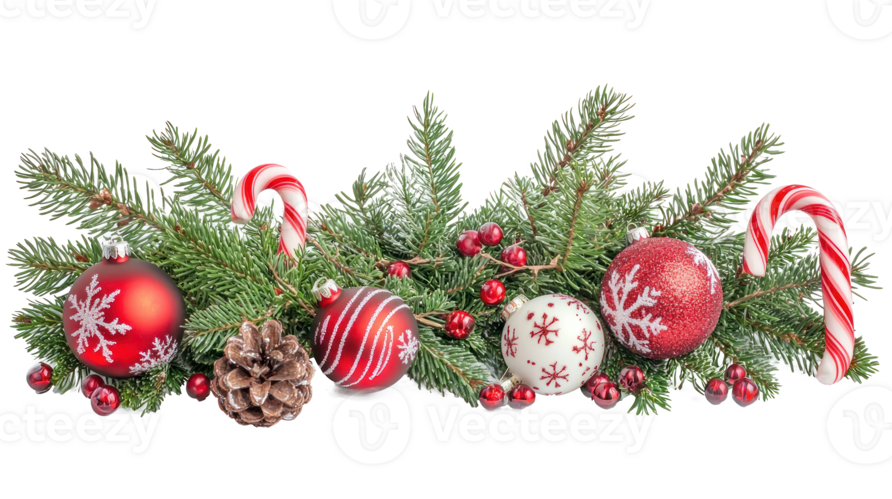 Christmas border bunch of pine branches, candy canes and christmas ornaments isolate on transparent background png