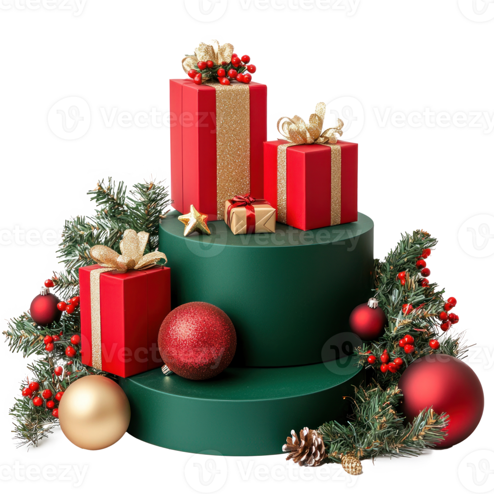 Green red and gold Christmas podium decoration items and presents isolate on transparent background png