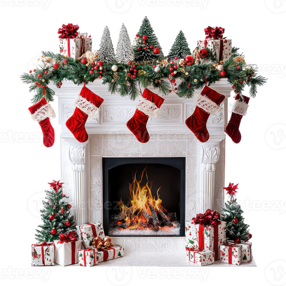 Christmas Fireplace with decorations isolate on transparent background png