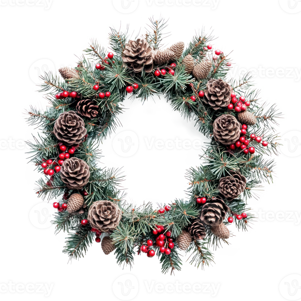 Christmas wreath with pine cones, red berries and acorns isolate on transparent background png