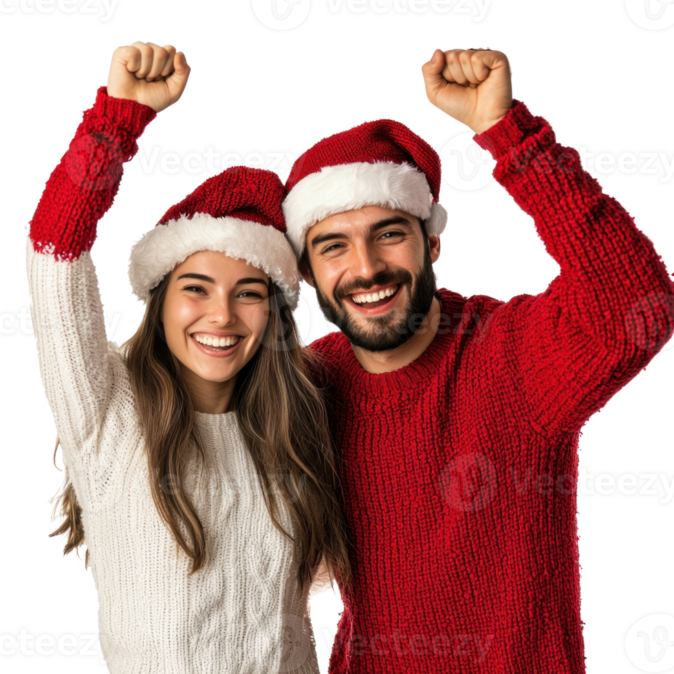 Happy young couple celebrate Christmas front view isolate on transparent background png