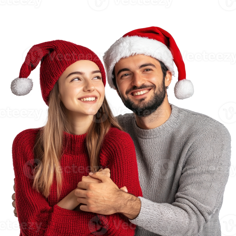 Happy young couple celebrate Christmas side view isolate on transparent background png