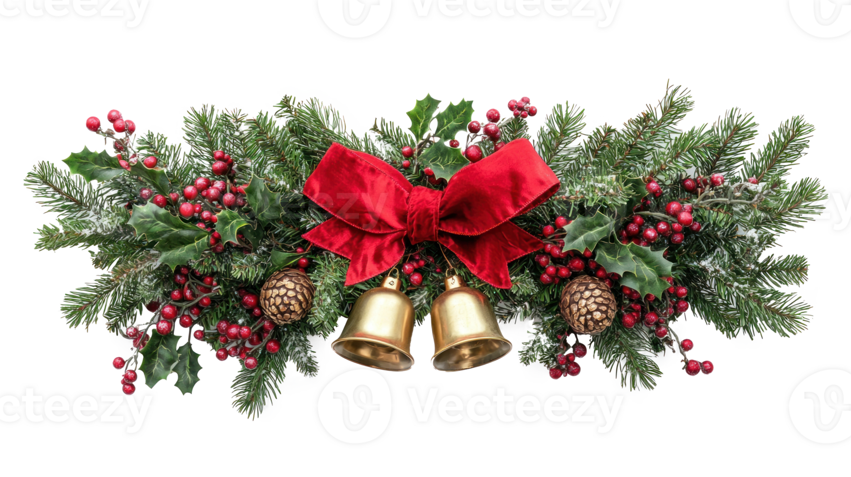 Christmas pine and holly swag with big red ribbon and two gold bells isolate on transparent background png