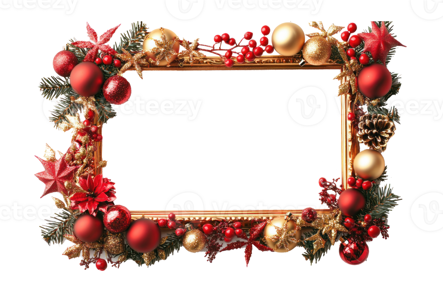Christmas gold and red photo frame with christmas decoration isolate on transparent background png