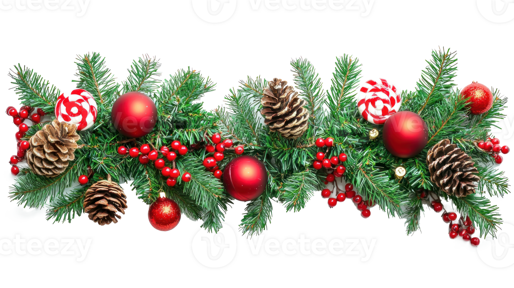 Christmas border frame green fir with pine tree, red balls and berries, cones and candies isolate on transparent background png