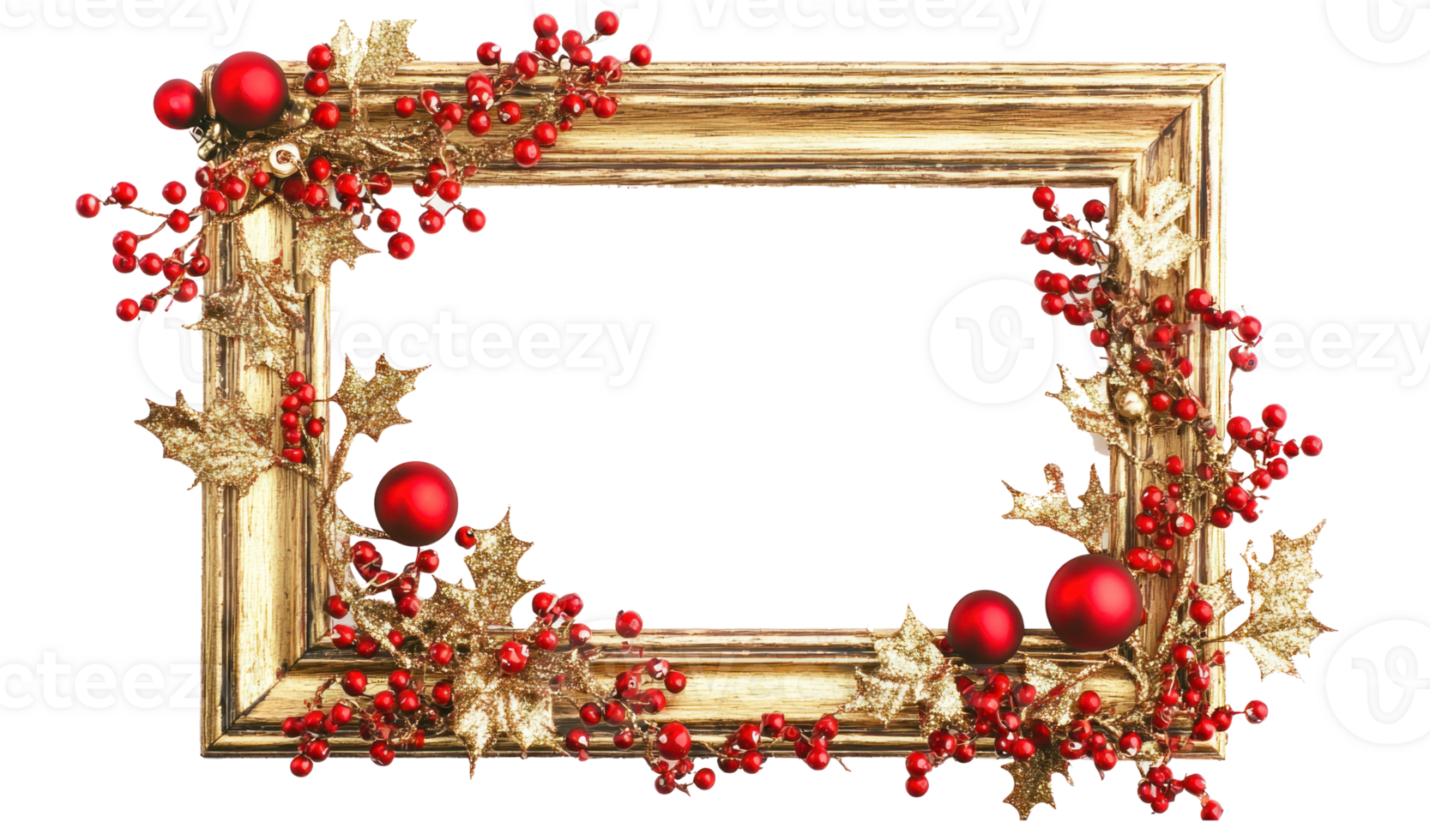Christmas gold and red photo frame with christmas decoration isolate on transparent background png