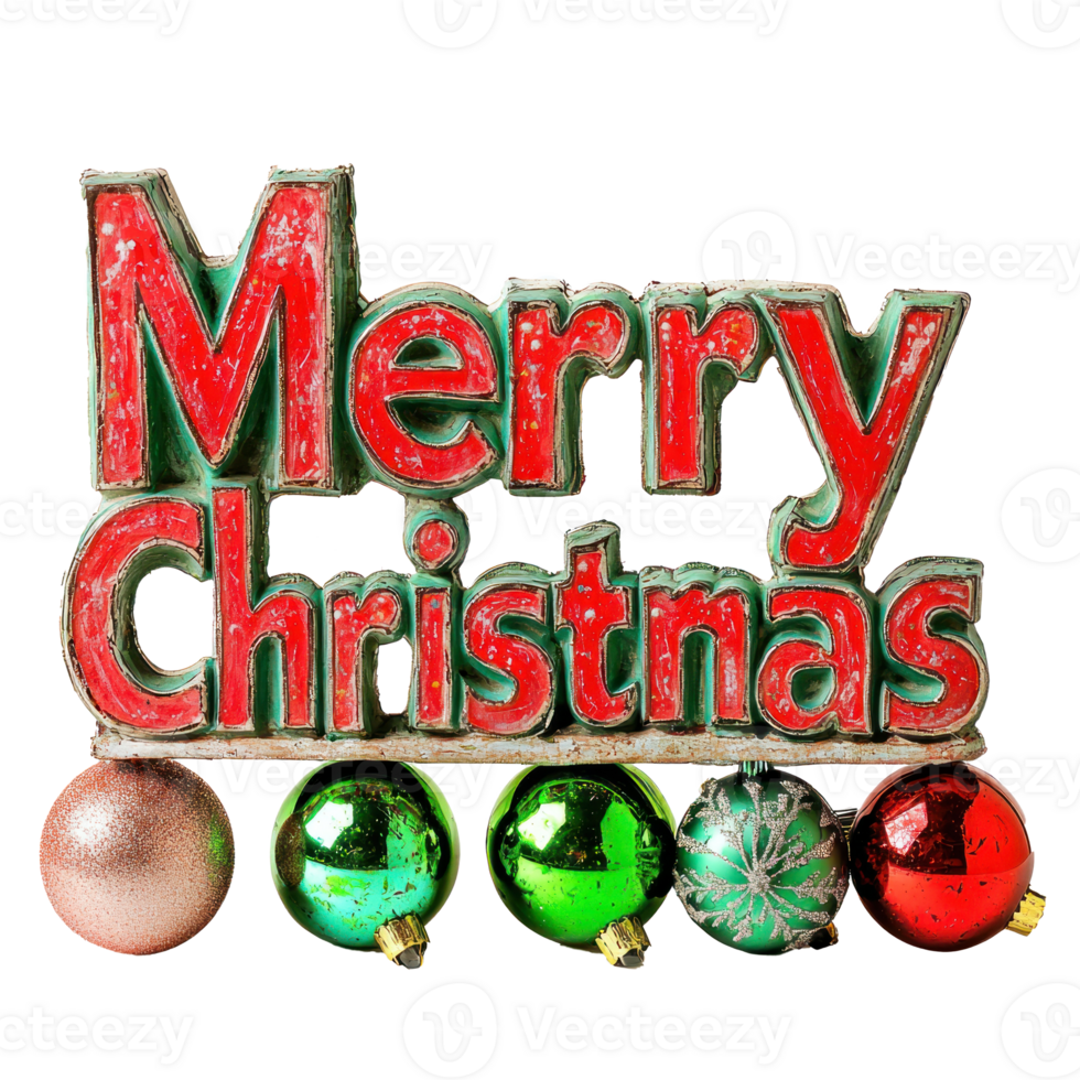 Bold and Colorful Merry Christmas displayed in large, bold letters in a mix of bright red and green, with a playful and a few Christmas ornaments around it. isolate on transparent background png