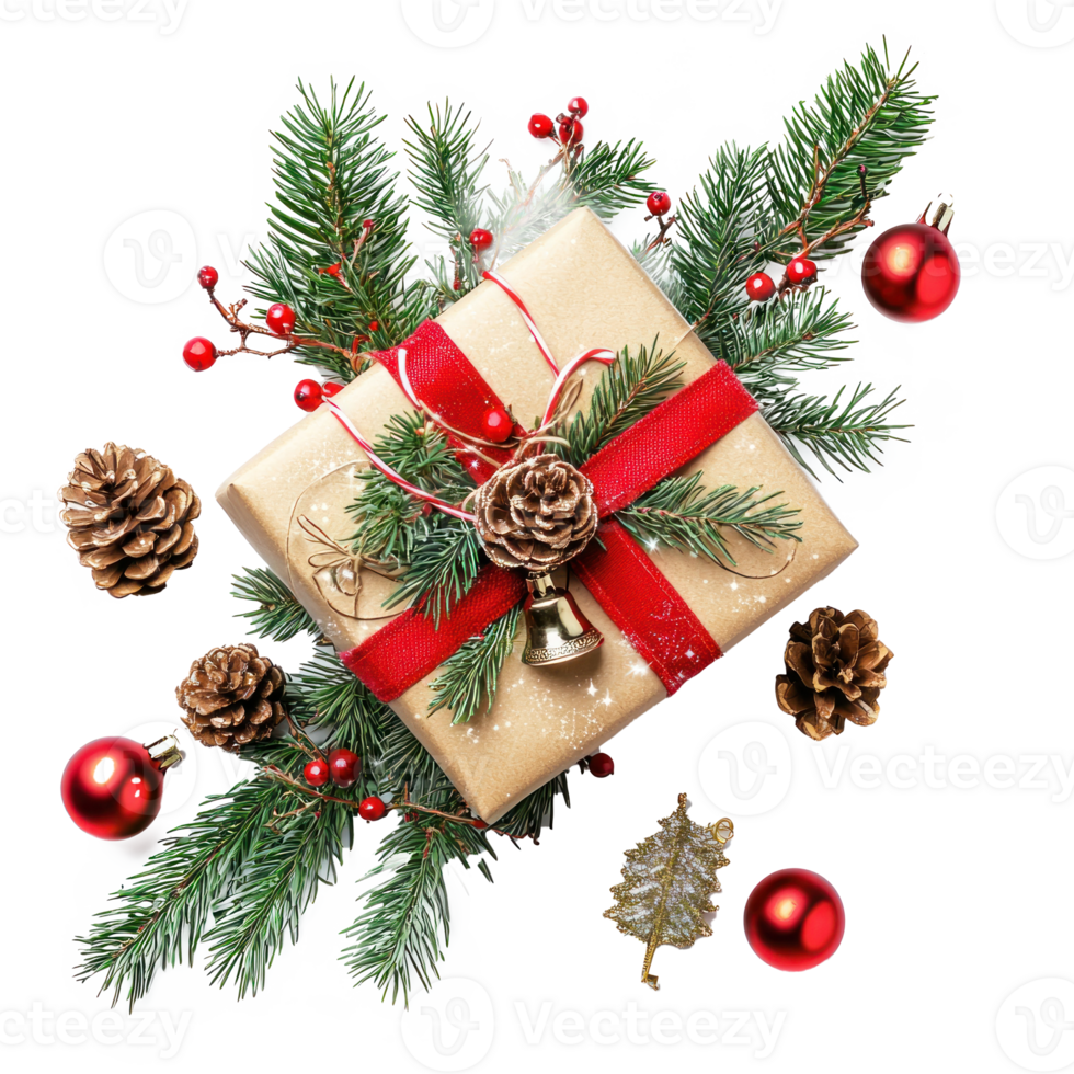 Christmas gift box with barble and jingle bell with fir branch isolate on transparent background png