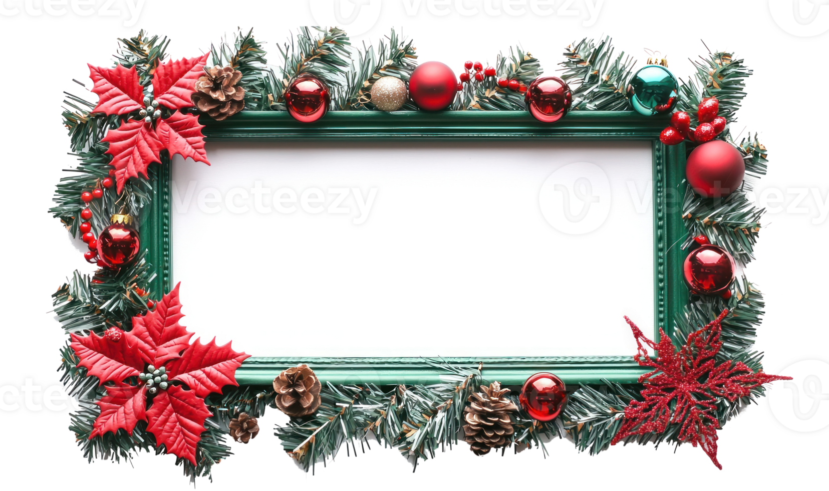 Christmas green and red photo frame with christmas decoration isolate on transparent background png