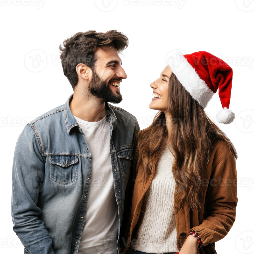 Happy young couple celebrate Christmas side view isolate on transparent background png